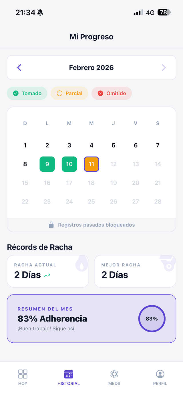 Vista de calendario y racha